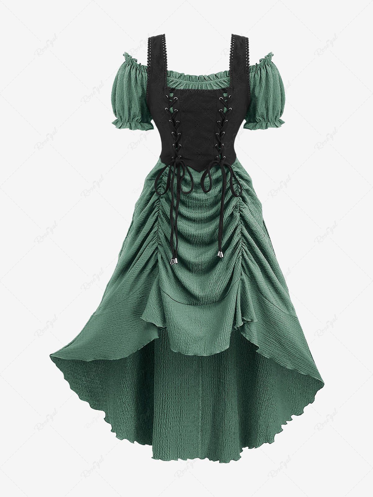 Store Plus Size Medieval Renaissance Lace Up Ruffles Ruched Cinched High Low Crepe Midi Dress  