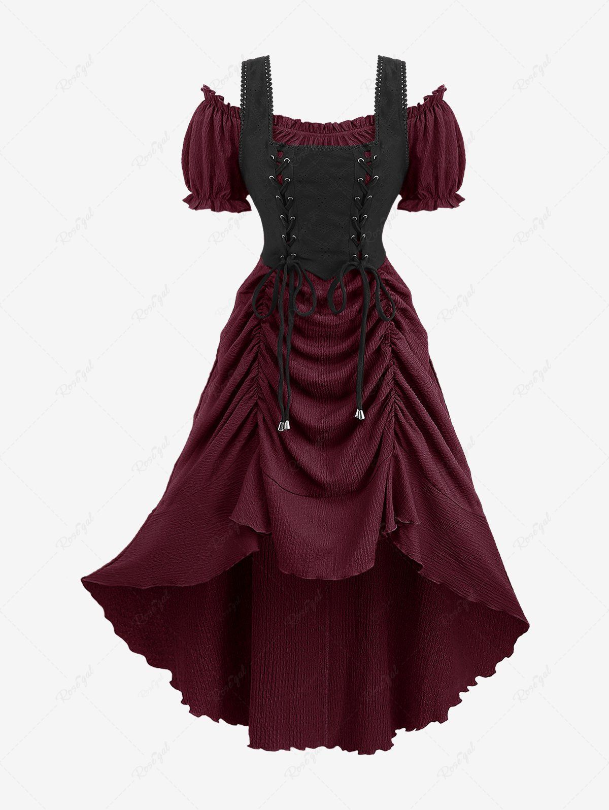 Outfit Plus Size Medieval Renaissance Lace Up Ruffles Ruched Cinched High Low Crepe Midi Dress  