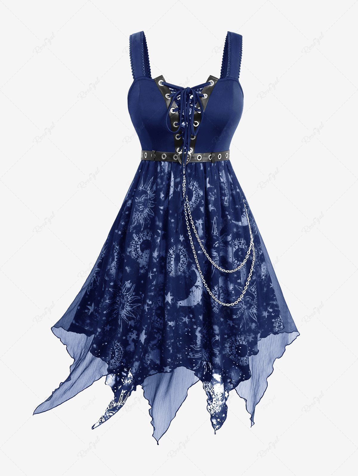 Fashion Gothic Plus Size Tie Dye Sun Star Moon Print Grommets Lace Up Sheer Mesh Layered Asymmetrical Tank Dress With Belt and Chain  