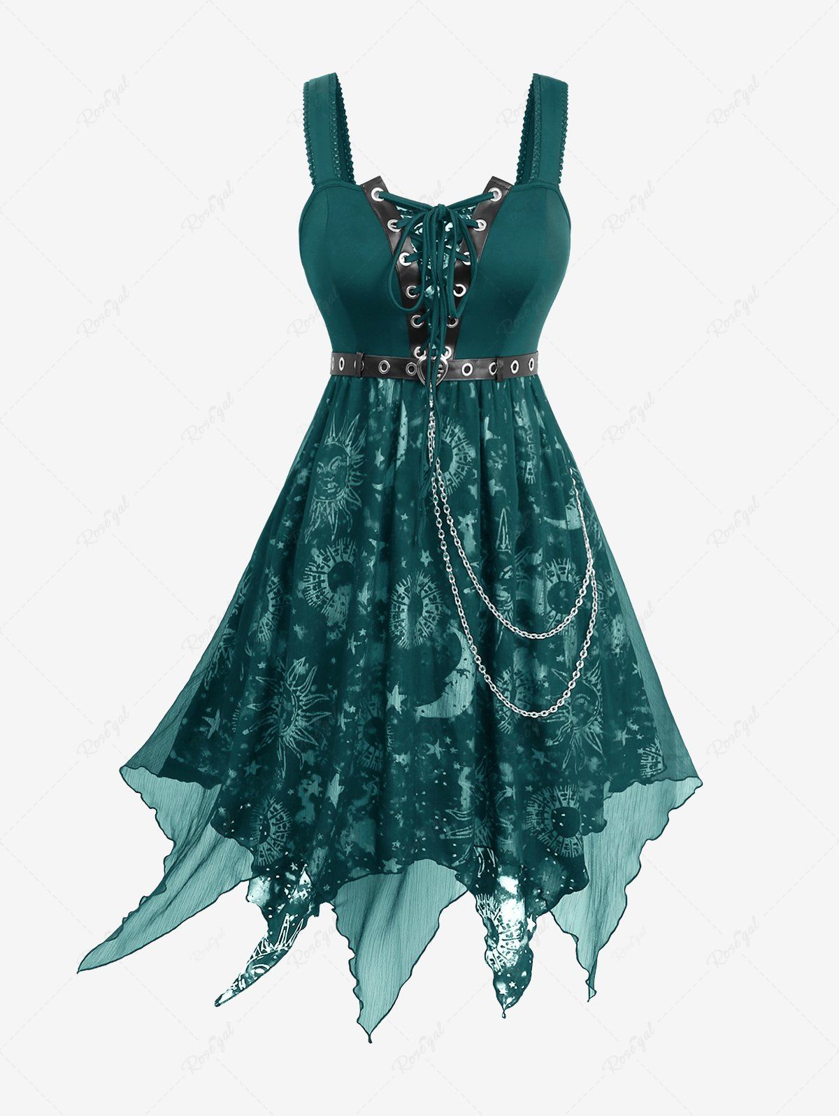 Robe débardeur asymétrique en maille transparente à lacets, style gothique grande taille, imprimé soleil, étoiles et lune, avec ceinture et chaîne Vert profond 2X | US 18-20