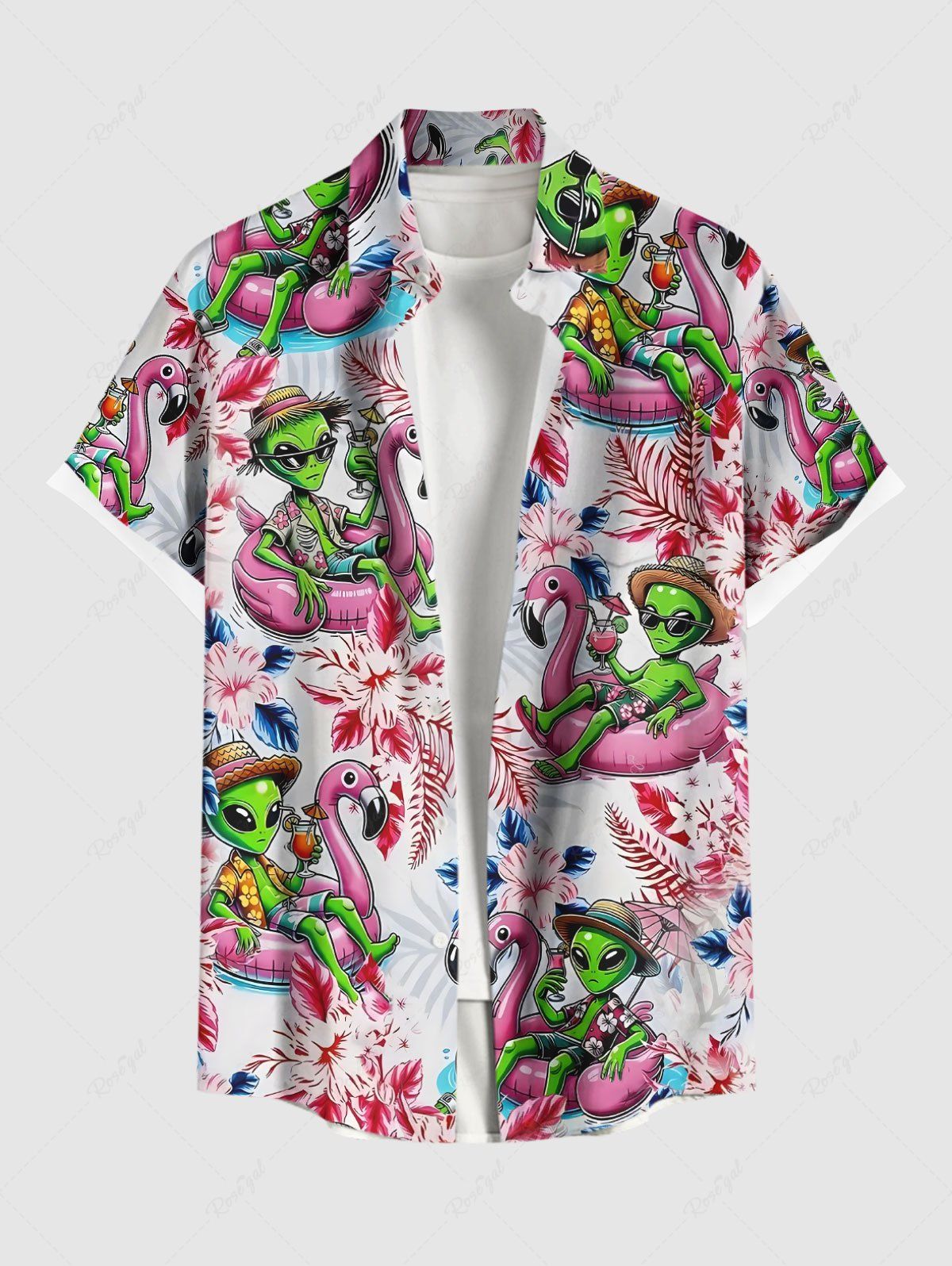 Outfits Plus Size Flamingo Alien Tropical Leaf Flower Print Buttons Pocket Hawaii Shirt For Men  