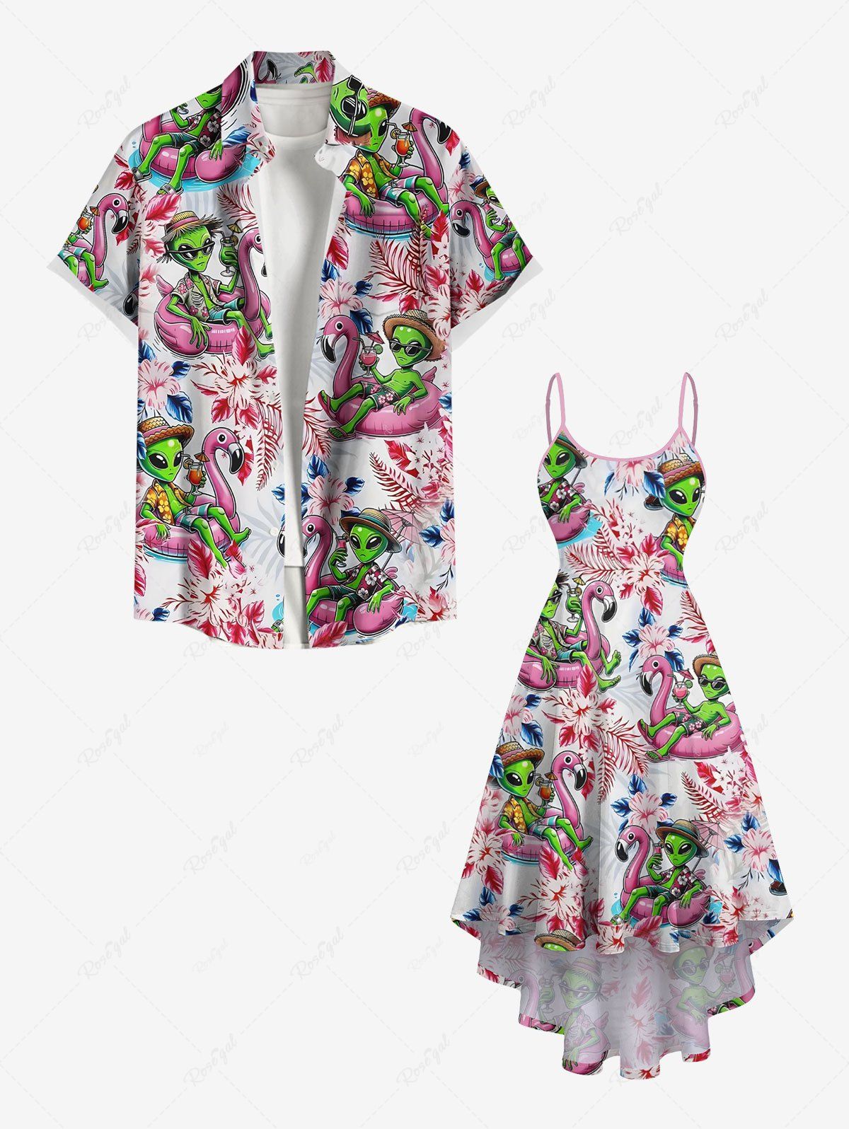 Store Flamingo Alien Tropical Leaf Flower Print Plus Size Matching Hawaii Beach Outfit For Couples  