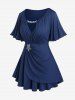 Ruched Lettuce Flutter Sleeves Surplice Tee and Scalloped Tassel Lace Trim Flare Pants Plus Size Outfit -  