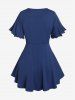 Ruched Lettuce Flutter Sleeves Surplice Tee and Scalloped Tassel Lace Trim Flare Pants Plus Size Outfit -  