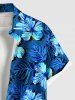 Chemise Décontractée Fleur Feuille D'Hibiscus et Feuille Tropicale Imprimées de Grande Taille avec Poche - Bleu S