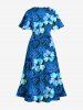 Plus Size Tropical Leaf Hibiscus Flower Print Split Hawaii Midi Dress -  