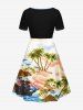 Plus Size Coconut Tree Sea Ship Ombre Cloud Print Hawaii Cruise Cinched A Line Dress -  