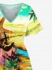 Robe de Plage Linge A Mi-Longue Vague de Mer et Arbre de Noix de Coco Imprimés de Grande Taille avec Poche - Jaune XS