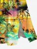 Robe de Plage Linge A Mi-Longue Vague de Mer et Arbre de Noix de Coco Imprimés de Grande Taille avec Poche - Jaune XS