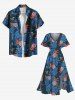 Robe midi trapèze grande taille à imprimé ananas et chat tropical et feuilles hawaïennes, poche fendue. - Bleu M