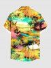 Chemise de Plage Boutonnée Vague D'Océan et Arbre Noix de Coco Imprimés avec Poche de Grande Taille pour Homme - Jaune 3XL