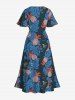 Robe midi trapèze grande taille à imprimé ananas et chat tropical et feuilles hawaïennes, poche fendue. - Bleu 5X
