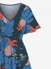 Robe midi trapèze grande taille à imprimé ananas et chat tropical et feuilles hawaïennes, poche fendue. - Bleu 5X