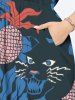 Robe midi trapèze grande taille à imprimé ananas et chat tropical et feuilles hawaïennes, poche fendue. - Bleu 5X