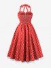 Polka Dots Print Floral Lace Trim Halter Bowknot Vintage Dress -  