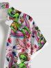Plus Size Flamingo Alien Tropical Leaf Flower Print Buttons Pocket Hawaii Shirt For Men -  