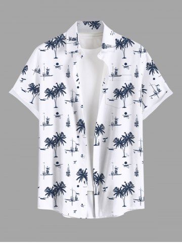 Plus Size Coconut Tree Sun Sailboat Print Buttons Pocket Hawaii Shirt For Men