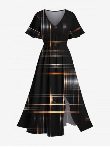 Plus Size Geometric Light Beam Glitter 3D Print Split Hawaii Midi Dress - BLACK - 1X