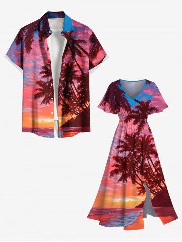 Coconut Tree Seascape Colorful Sky Cloud Print Plus Size Matching Hawaii Beach Outfit For Couples
