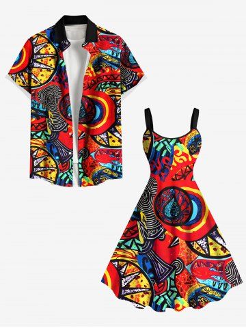 Psychedelic Pattern Sun Fire Flame Print Plus Size Matching Hawaii Beach Outfit For Couples - RED