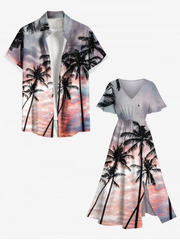 Coconut Tree Cloud Ombre Dusk Print Plus Size Matching Hawaii Beach Outfit For Couples - LIGHT PINK