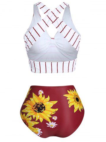 Striped Sunflower Criss Cross Tummy Control Bikini Swimwear