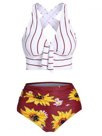 Striped Sunflower Criss Cross Tummy Control Bikini Swimwear - RED - XL
