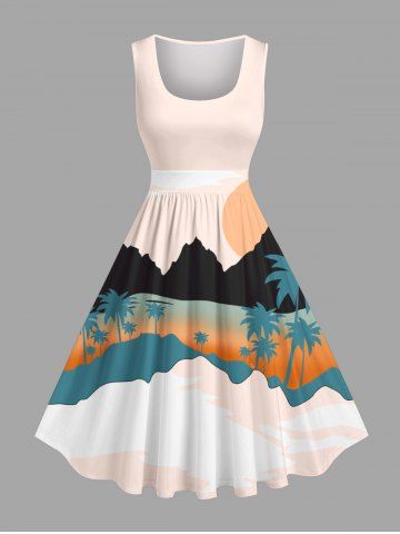 Plus Size Coconut Tree Mountain Sun Ombre Print Hawaii 1950s Vintage Dress - ORANGE - 1X