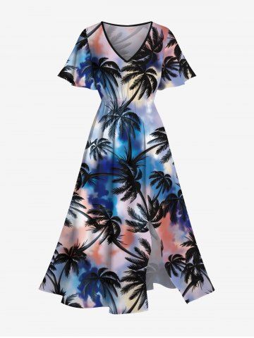 Plus Size Tie Dye Coconut Tree Print Split Hawaii Midi Dress