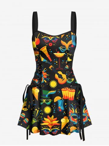 Colorful Mask Guitar Sun Print Hawaii Mardi Gras Lace Up A Line Tank Dress - BLACK - XS