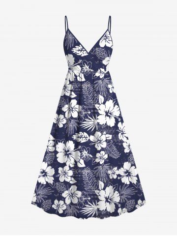 Plus Size Floral Tropical Leaves Print Hawaii Surplice A Line Cami Dress - BLUE - S