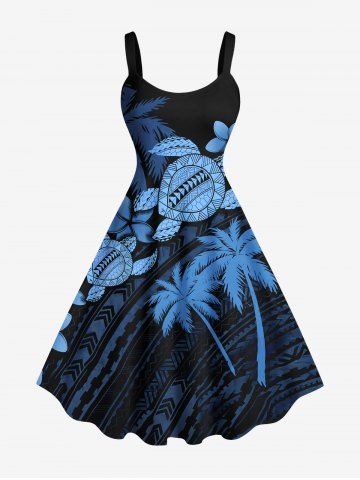 Plus Size Coconut Tree Floral Turtle Curve Print Hawaii A Line Tank Dress - BLACK - 3X