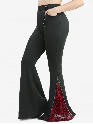 Plus Size Floral Cross Flocking Zipper Grommets Stripes Pockets Flare Pants - BLACK - 4X | US 26-28