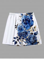 Plus Size Rose Flower Leaf Print Hawaii Beach Shorts For Men -  