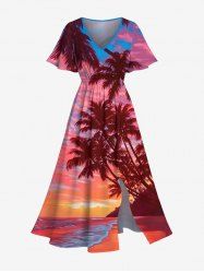Plus Size Coconut Tree Seascape Colorful Sky Cloud Print Split Hawaii Midi Dress -  
