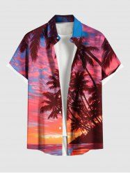 Plus Size Coconut Tree Seascape Colorful Sky Cloud Print Buttons Pocket Hawaii Shirt For Men -  
