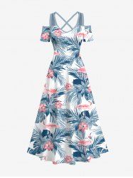 Maxi Robe Hawaïen Flamant Feuille Fleur Tropical à Epaule Dénudée de Grande Taille - Bleu clair 1X