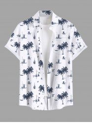 Plus Size Coconut Tree Sun Sailboat Print Buttons Pocket Hawaii Shirt For Men -  
