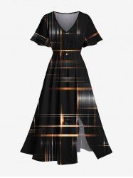 Plus Size Geometric Light Beam Glitter 3D Print Split Hawaii Midi Dress -  