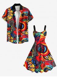 Tenue de Plage Grande Taille Costume D'Impression en Feu pour Couples - Rouge 