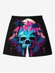 Plus Size Coconut Tree Skull Mountain Cave Print Hawaii Ombre Drawstring Beach Shorts For Men -  