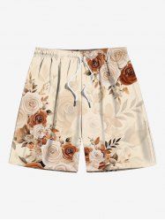 Plus Size Rose Flower Leaf Print Hawaii Ombre Drawstring Beach Shorts For Men -  