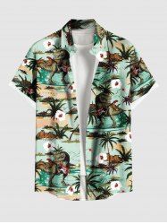 Plus Size Coconut Tree Sea Floral Dinosaur Print Hawaii Button Pocket Shirt For Men -  