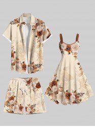 Ombre Rose Flower Leaf Branch Print Plus Size Matching Hawaii Beach Outfit For Couples -  