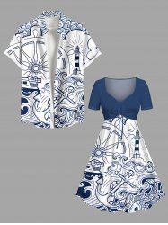 Anchor Lighthouse Steering Wheel Sea Waves Fish Print Plus Size Matching Hawaii Beach Cruise Shirts Dress Outfit For Couples -  