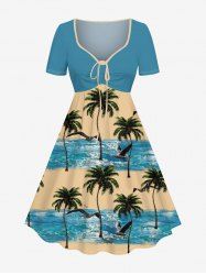 Plus Size Coconut Tree Seagull Sea Waves Colorblock Print Cinched Hawaii Dress -  
