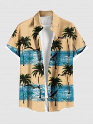 Plus Size Coconut Tree Seagull Sea Waves Colorblock Print Buttons Pocket Hawaii Shirt For Men -  