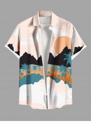 Plus Size Coconut Tree Mountain Sun Ombre Print Buttons Pocket Hawaii Shirt For Men -  