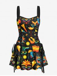 Robe de Bal Hawaiien Zippée Feuille et Guitare Colorée Imprimées à Lacets - Noir XXXL