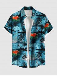 Plus Size Coconut Tree Floral Sea Wave Seascape Print Hawaii Button Pocket Shirt For Men -  